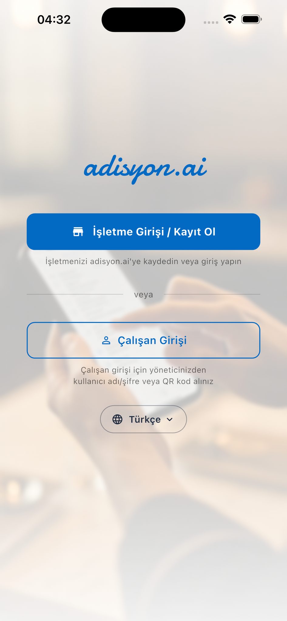 adisyon.ai mobil uygulama giriş ekranı