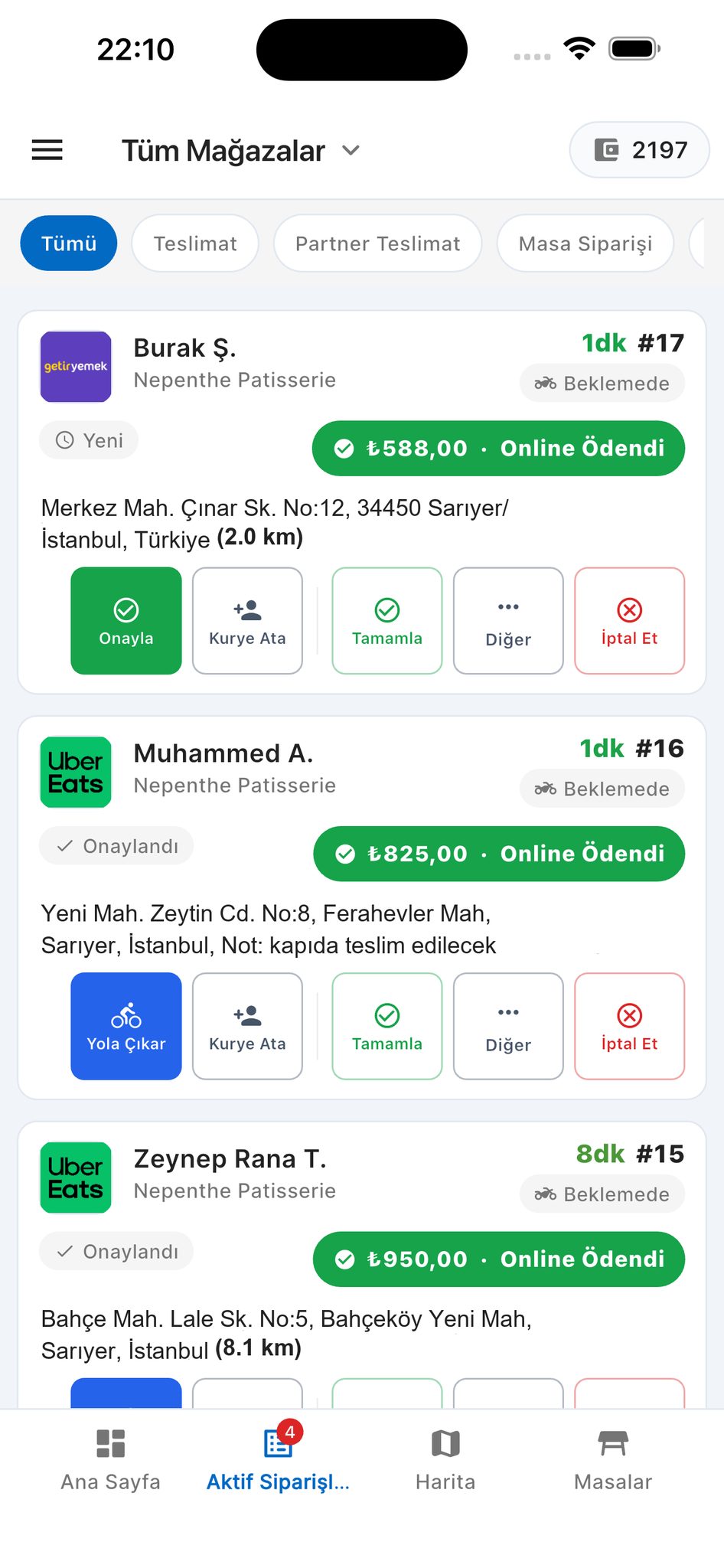 Aktif siparişler ve platform siparişleri